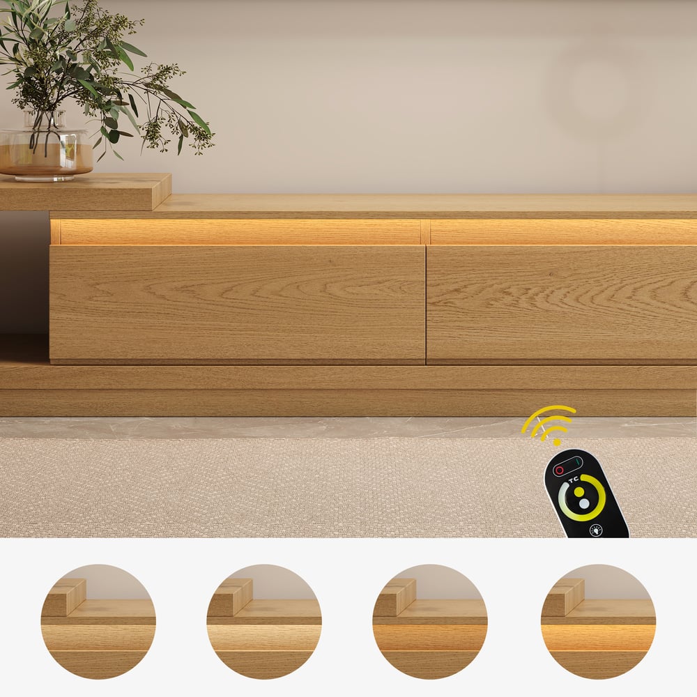 Quoint Extendable TV Stand with 3 Drawers and Light(71"-100") window image