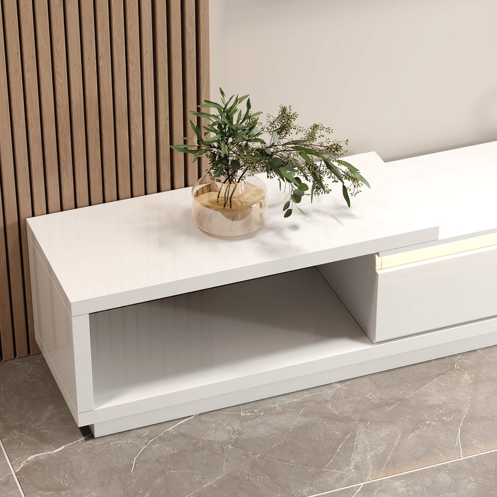 Quoint Extendable TV Stand with 3 Drawers and Light(71"-100") window image