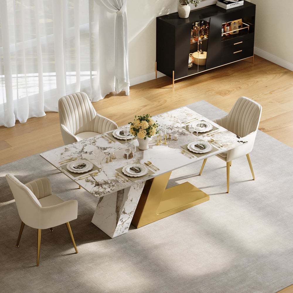 Modern 1600mm Rectangle Sintered Stone Dining Table with 4 Chairs in Gold window image