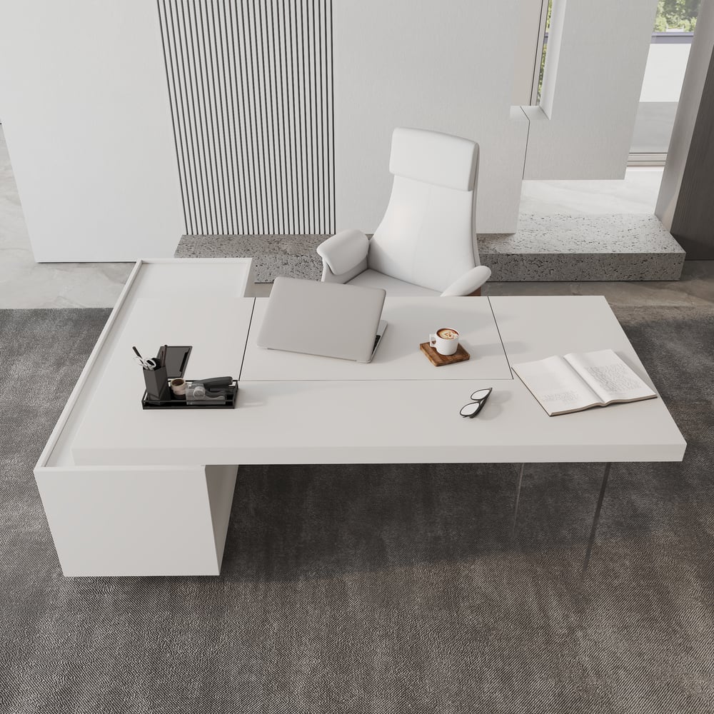 1815mm Modern White Standing L-Shape Executive Desk with lifter Desktop Right Hand window image