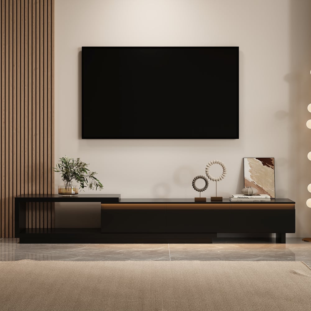 Quoint Extendable TV Stand with 3 Drawers and Light(71"-100") window image