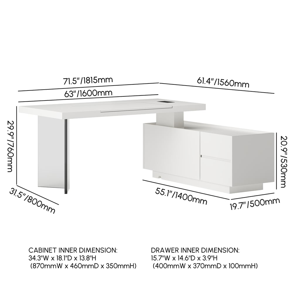 1815mm Modern White Standing L-Shape Executive Desk with lifter Desktop Right Hand weights dimensions image