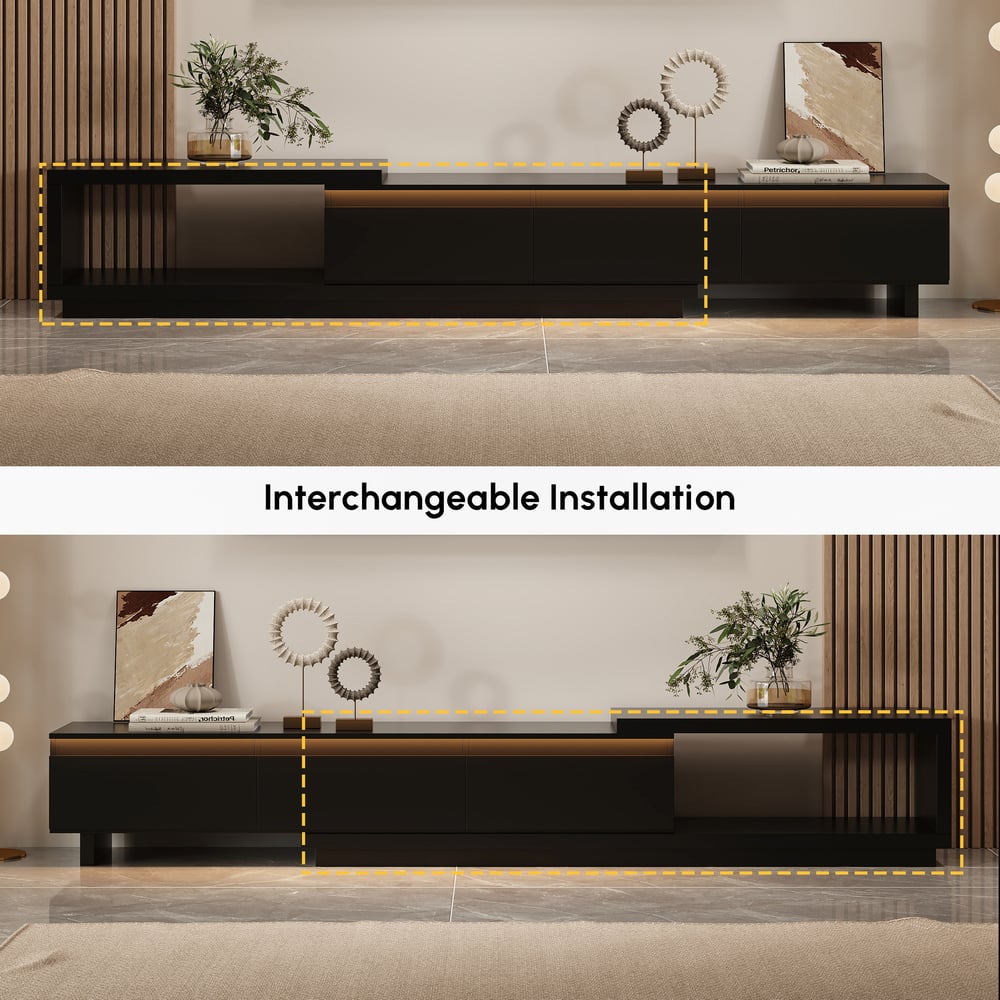 Quoint Extendable TV Stand with 3 Drawers and Light(71"-100") window image