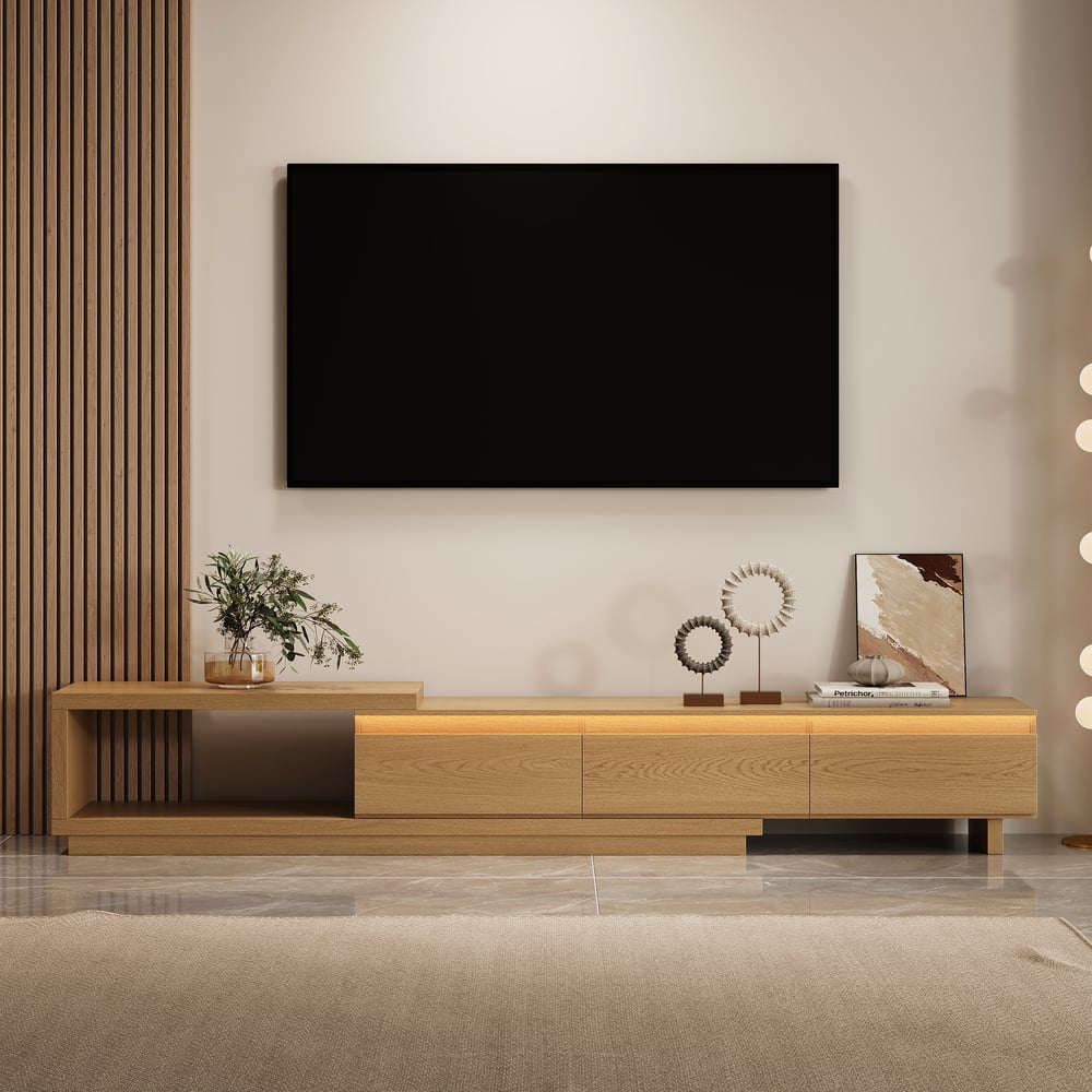 Quoint Extendable TV Stand with 3 Drawers and Light(71"-100") window image