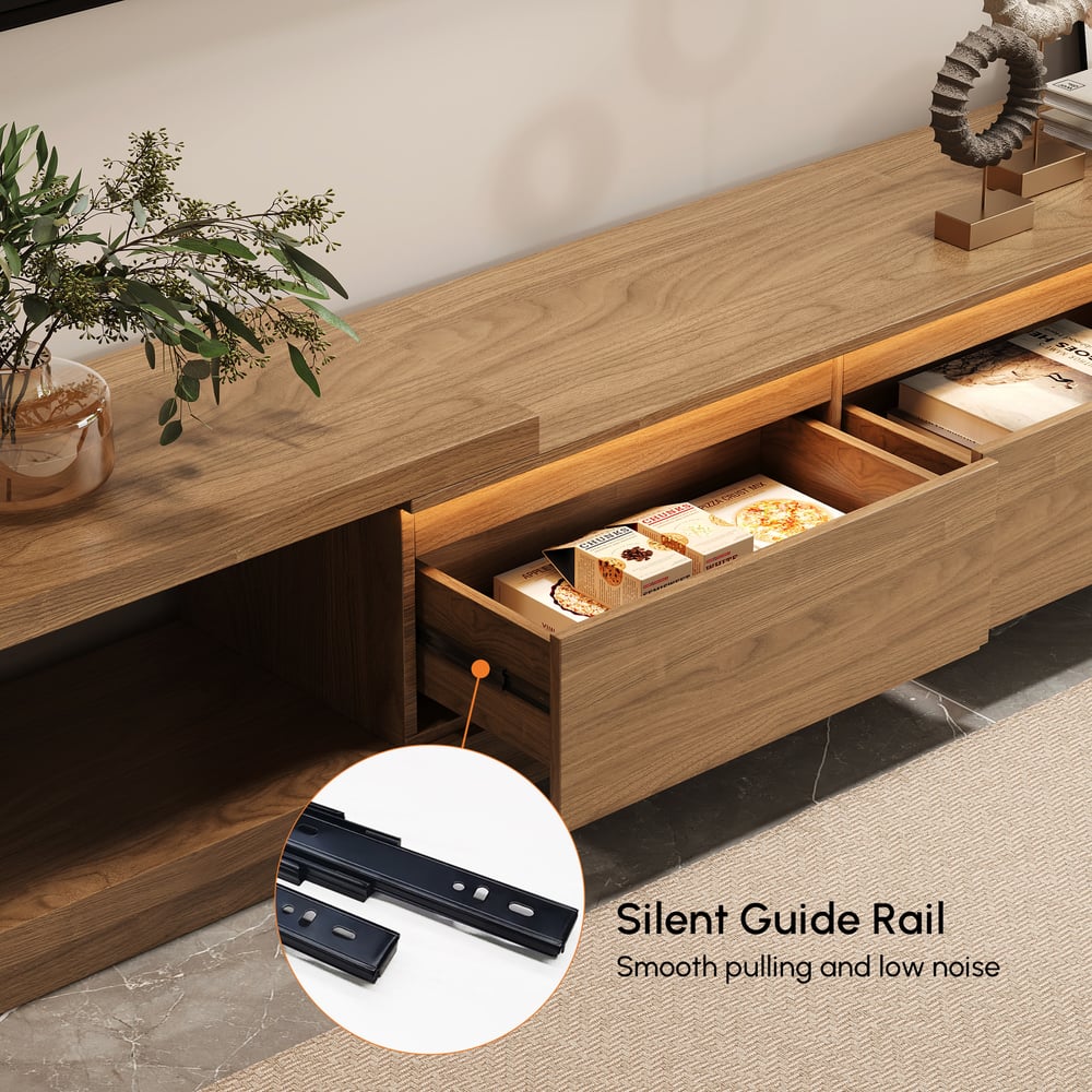 Quoint Extendable TV Stand with 3 Drawers and Light(71"-100") window image