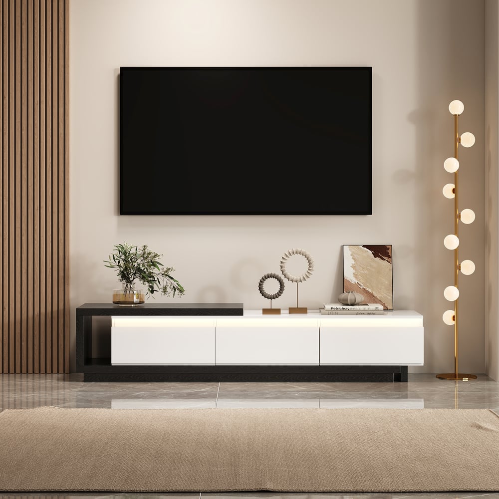 Quoint Extendable TV Stand with 3 Drawers and Light(71"-100") window image