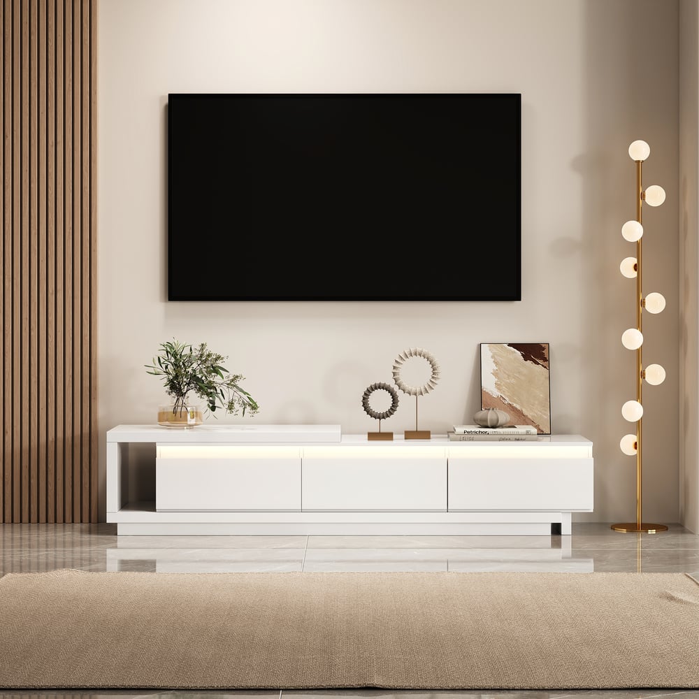 Quoint Extendable TV Stand with 3 Drawers and Light(71"-100") window image