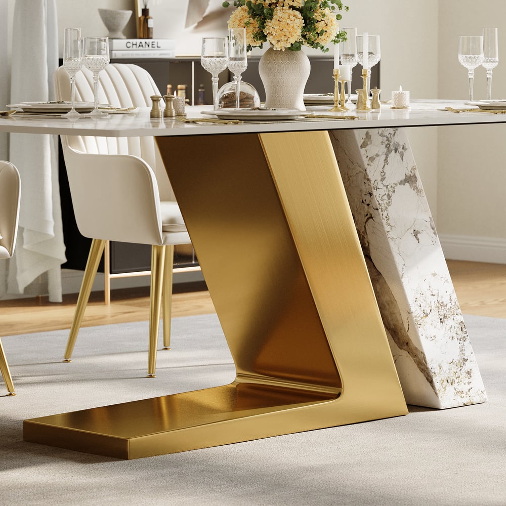 Dining Set 79" Modern Rectangle Sintered Stone Dining Table Gold with 6 Chairs window image