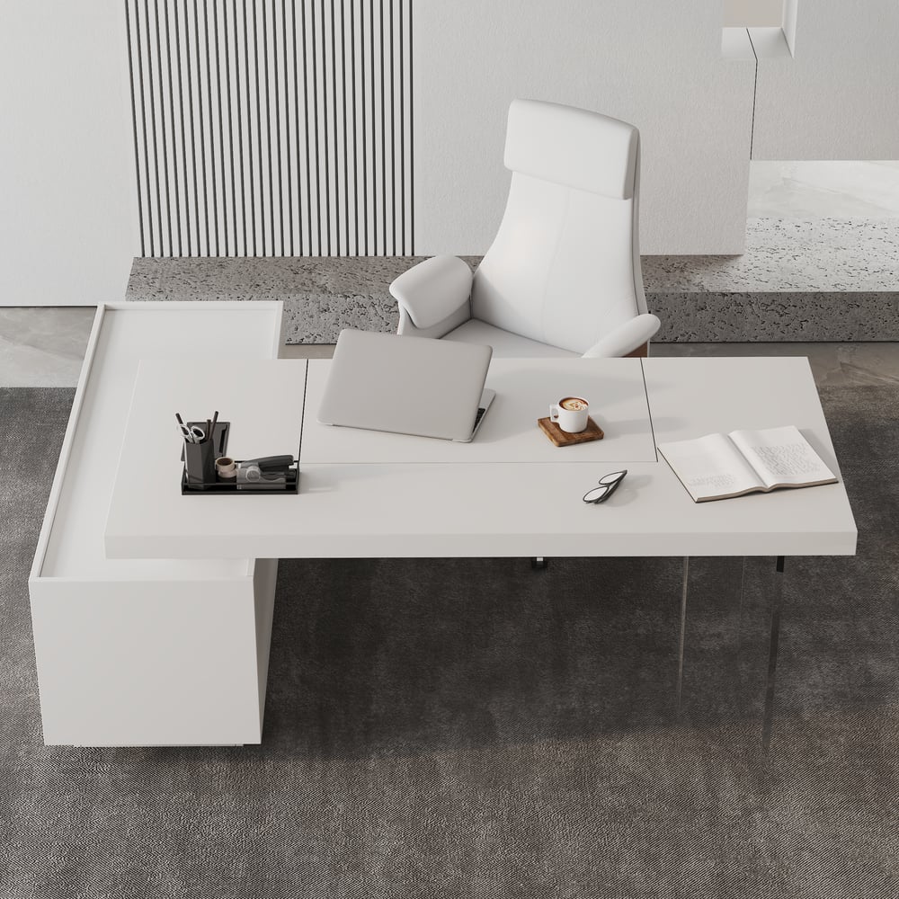 1815mm Modern White Standing L-Shape Executive Desk with lifter Desktop Right Hand window image