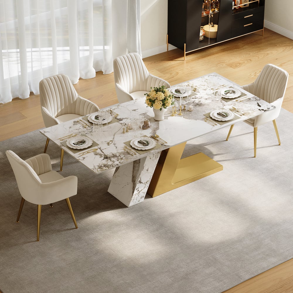 Dining Set 79" Modern Rectangle Sintered Stone Dining Table Gold with 6 Chairs window image