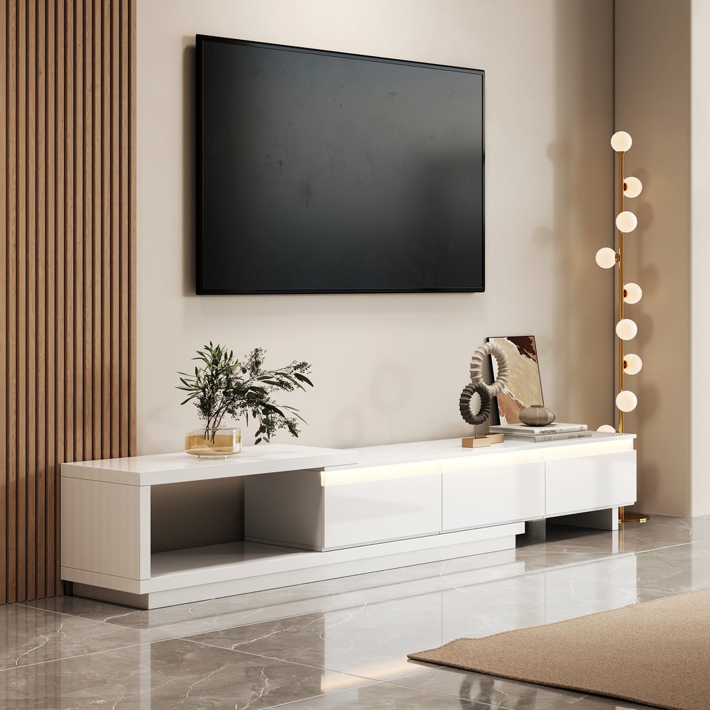 Quoint Extendable TV Stand with 3 Drawers and Light(71"-100") window image