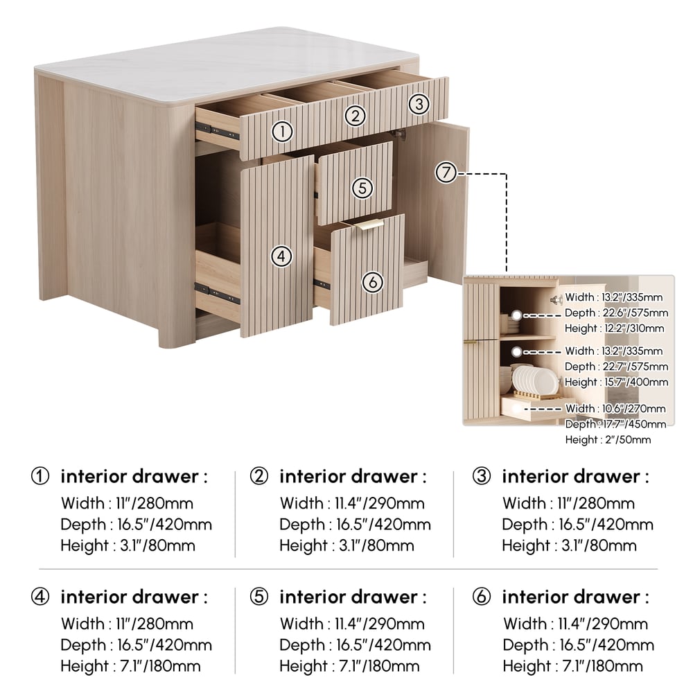 51" Sintered Stone Top Solid Wood Kitchen Island with Storage weights dimensions image