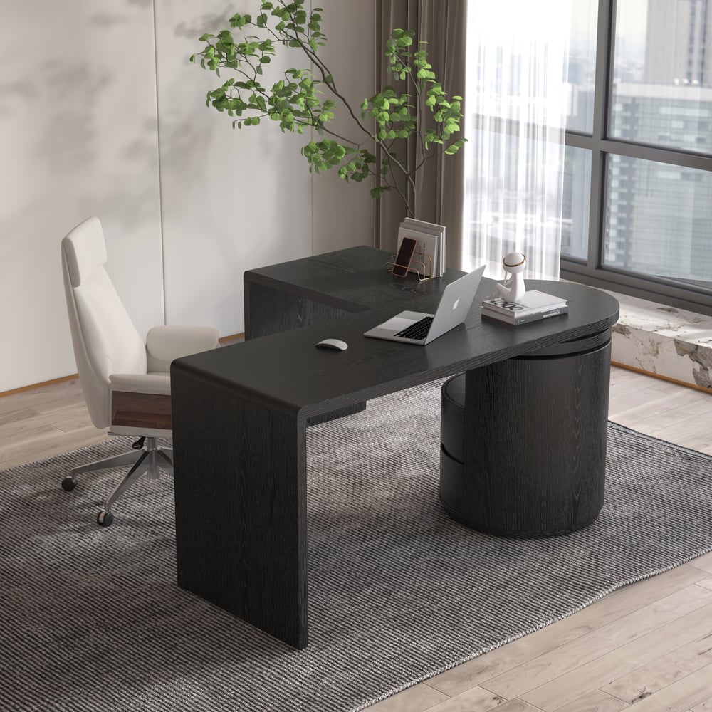 L Shaped Desk with Drawers, 59.8" Modern Rotating Executive Office Desk window image