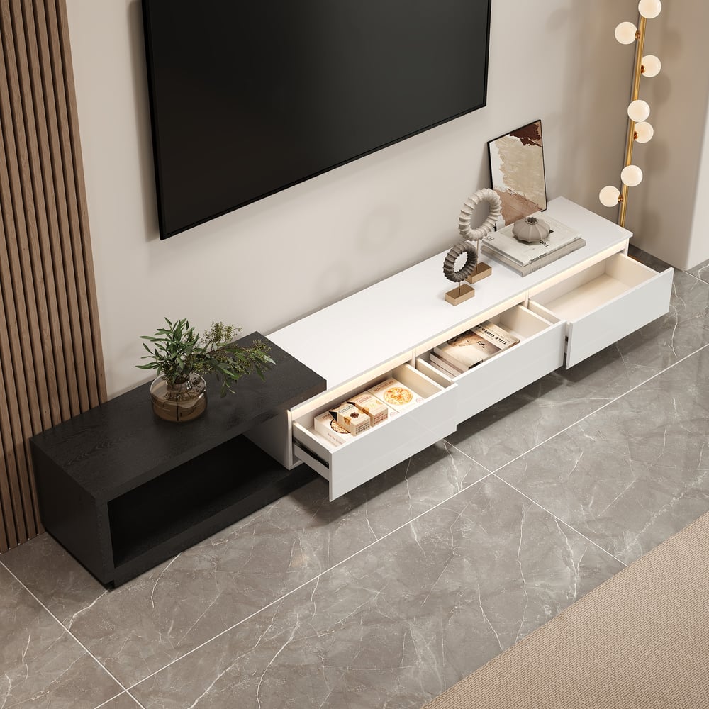 Quoint Extendable TV Stand with 3 Drawers and Light(71"-100") window image