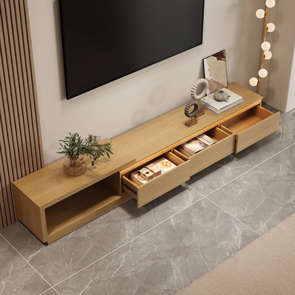 Quoint Extendable TV Stand with 3 Drawers and Light(71"-100") window image