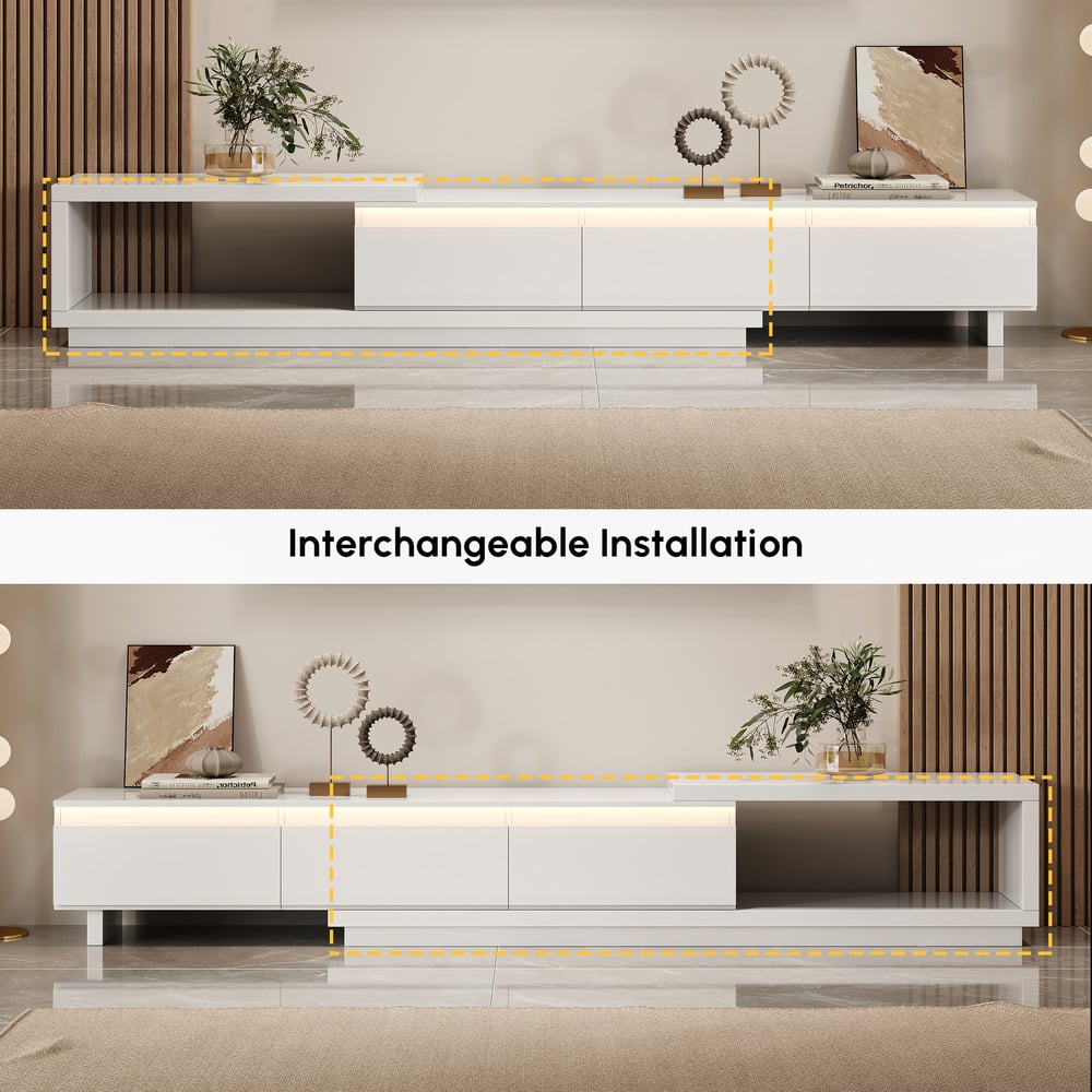 Quoint Extendable TV Stand with 3 Drawers and Light(71"-100") window image