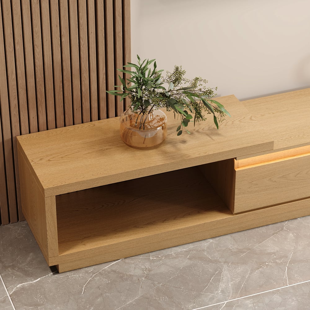 Quoint Extendable TV Stand with 3 Drawers and Light(71"-100") window image