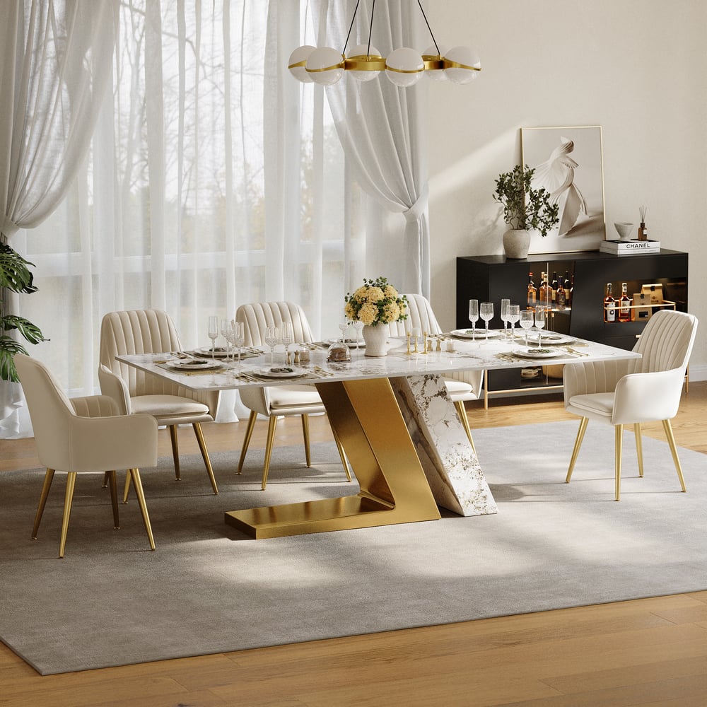 Modern 1600mm Rectangle Sintered Stone Dining Table with 4 Chairs in Gold window image