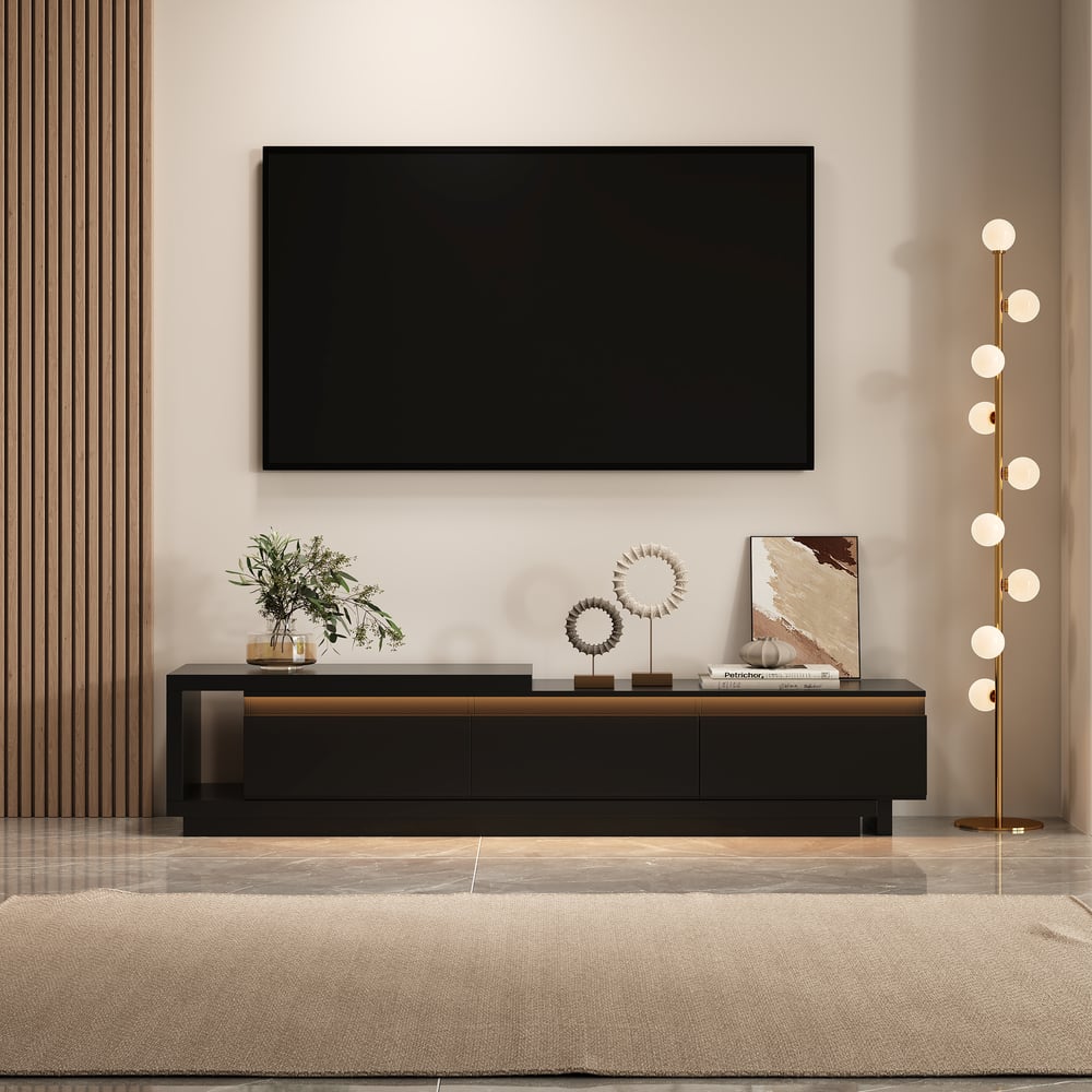 Quoint Extendable TV Stand with 3 Drawers and Light(71"-100") window image