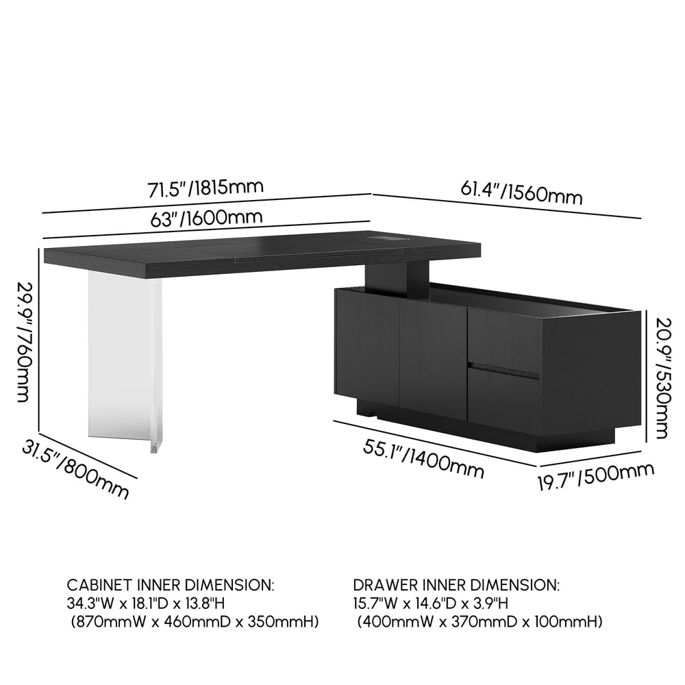 1815mm Modern Black Standing L-Shape Executive Desk with lifter Desktop Right Hand weights dimensions image