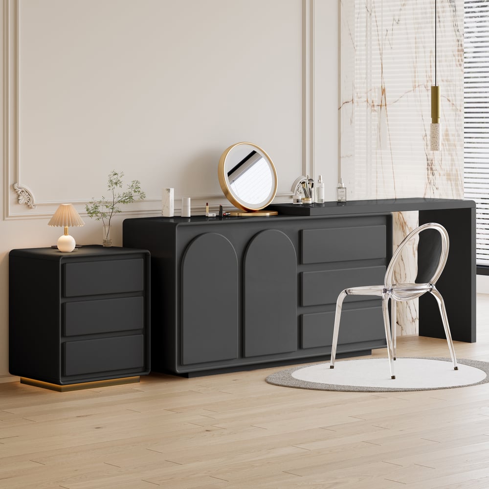 Modern 3-drawer off-white MDF Nightstand with USB and Lighting window image