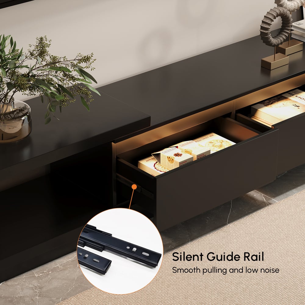 Quoint Extendable TV Stand with 3 Drawers and Light(71"-100") window image