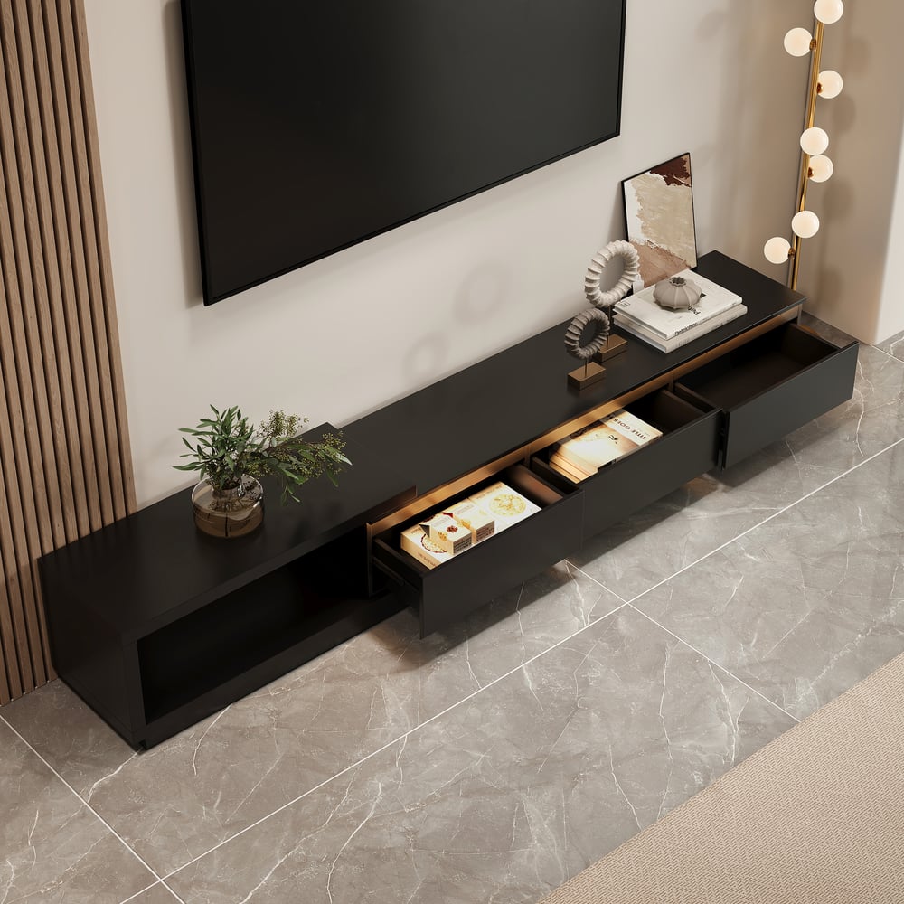 Quoint Extendable TV Stand with 3 Drawers and Light(71"-100") window image