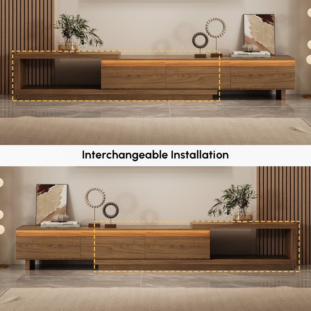 Quoint Extendable TV Stand with 3 Drawers and Light(71"-100") window image