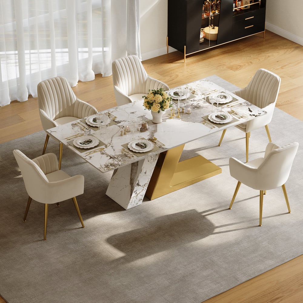 Dining Set 71" Modern Rectangle Sintered Stone Dining Table Gold with 6 Chairs window image