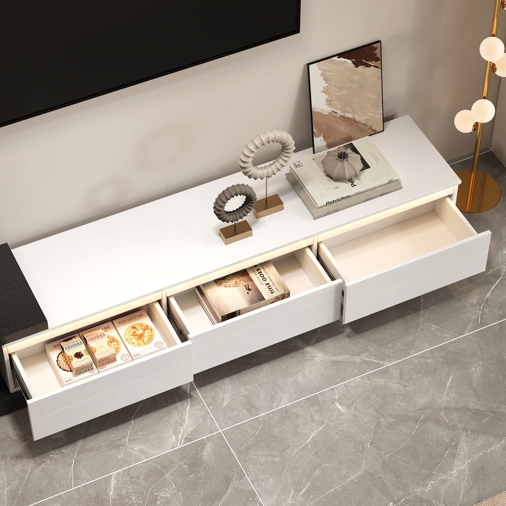 Quoint Extendable TV Stand with 3 Drawers and Light(71"-100") window image