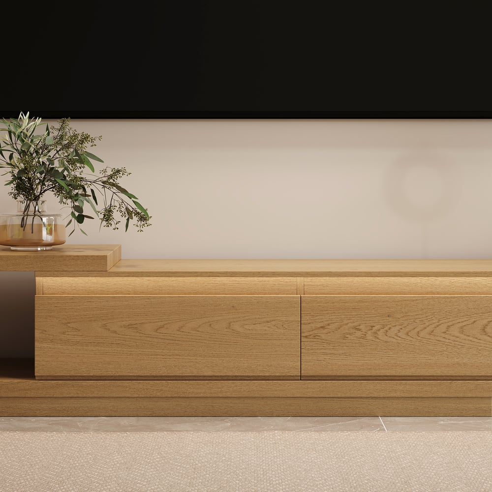 Quoint Extendable TV Stand with 3 Drawers and Light(71"-100") window image