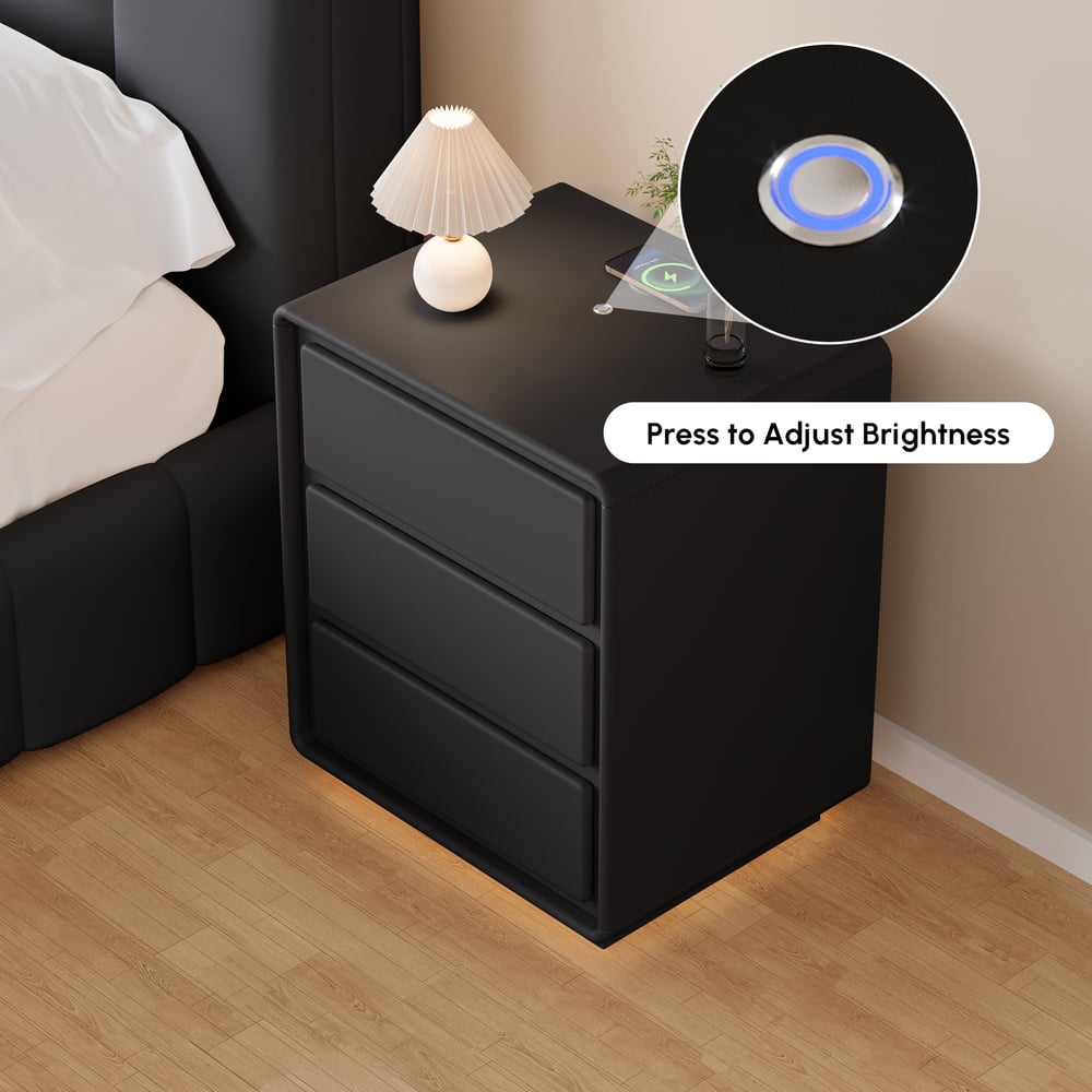 Haloa Nightstands with Smart LED Light, 3 Drawers & Charging Station - Black, 2 pcs. window image