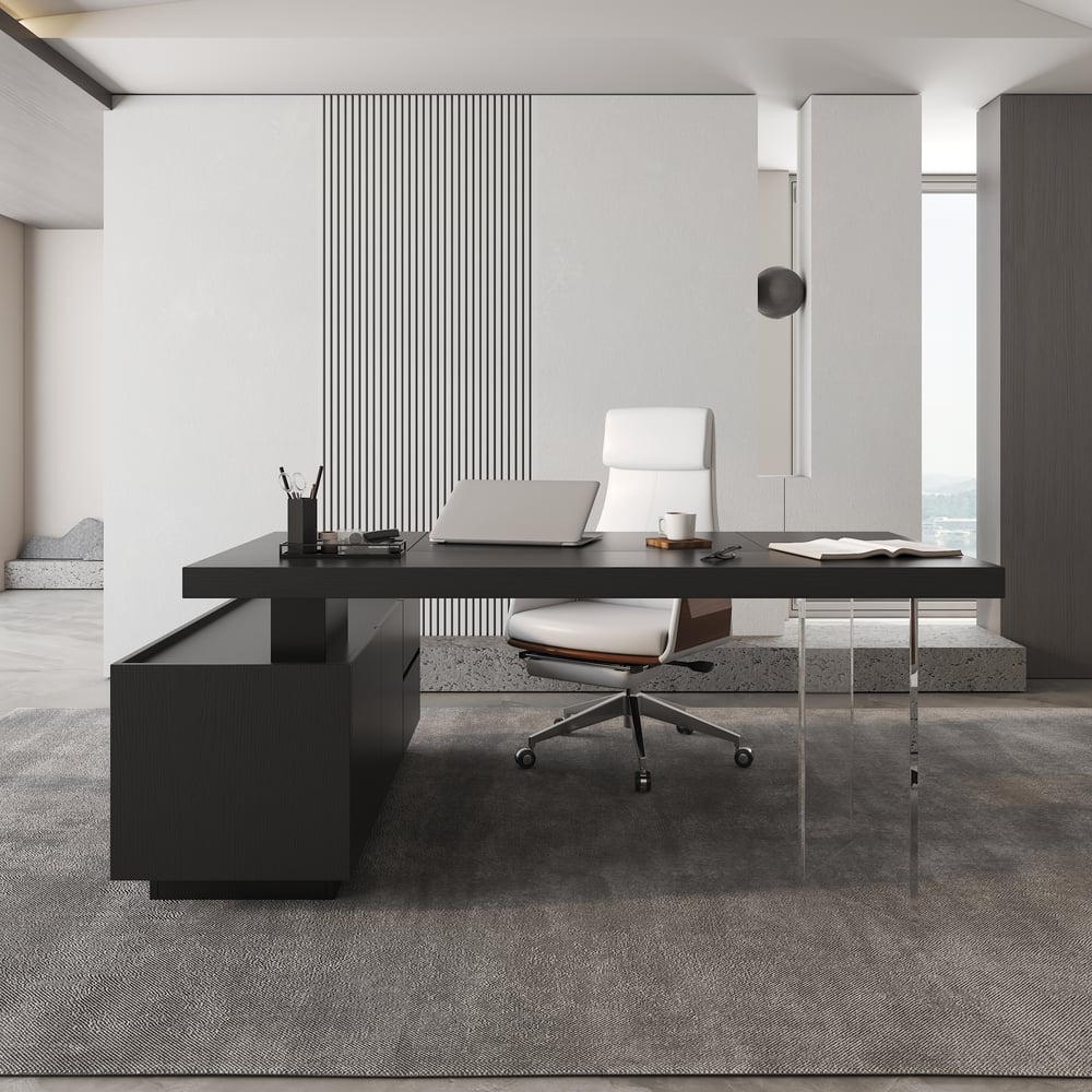 1815mm Modern Black Standing L-Shape Executive Desk with lifter Desktop Right Hand window image