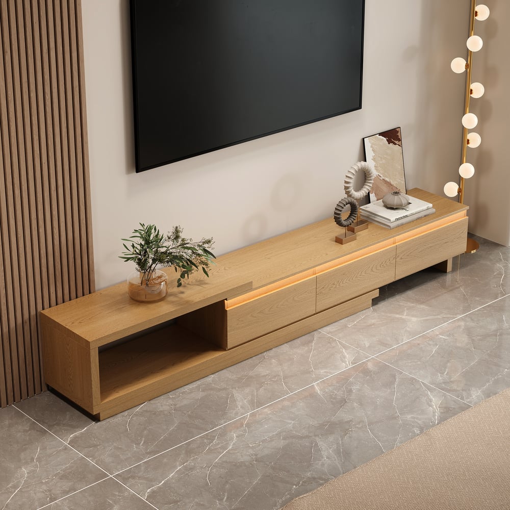 Quoint Extendable TV Stand with 3 Drawers and Light(71"-100") window image