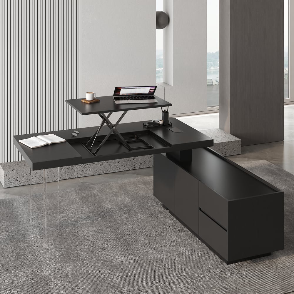 1815mm Modern Black Standing L-Shape Executive Desk with lifter Desktop Right Hand window image