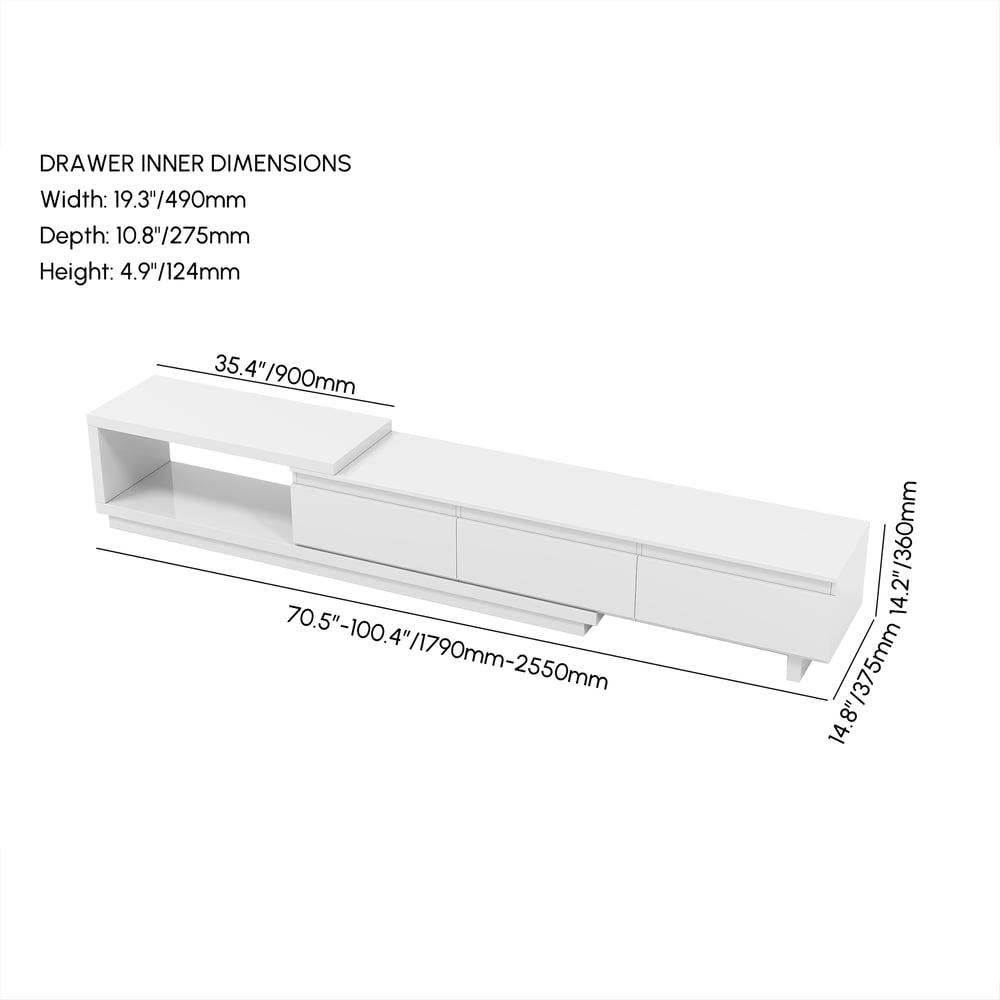 Quoint Extendable TV Stand with 3 Drawers and Light(71"-100") weights dimensions image