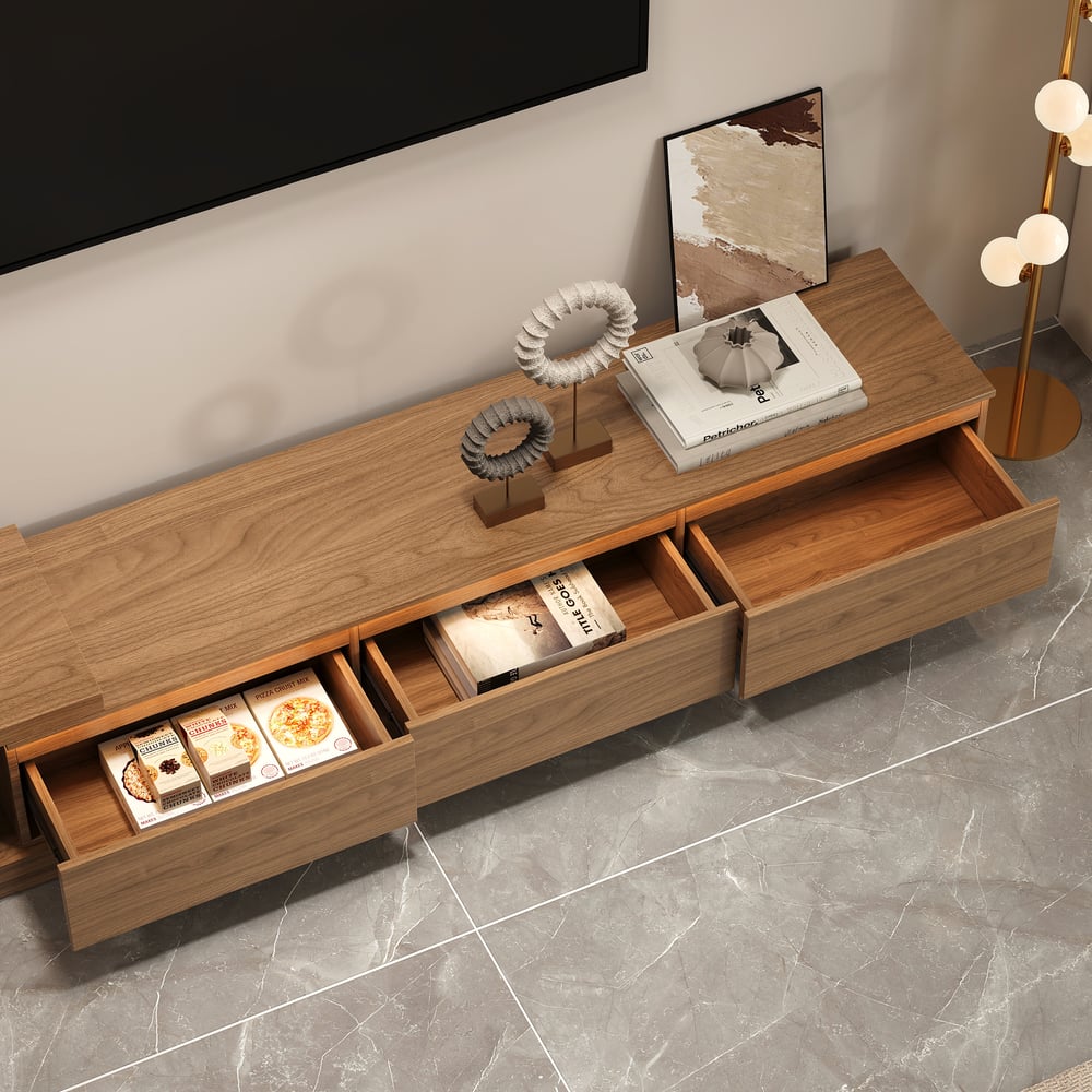 Quoint Extendable TV Stand with 3 Drawers and Light(71"-100") window image