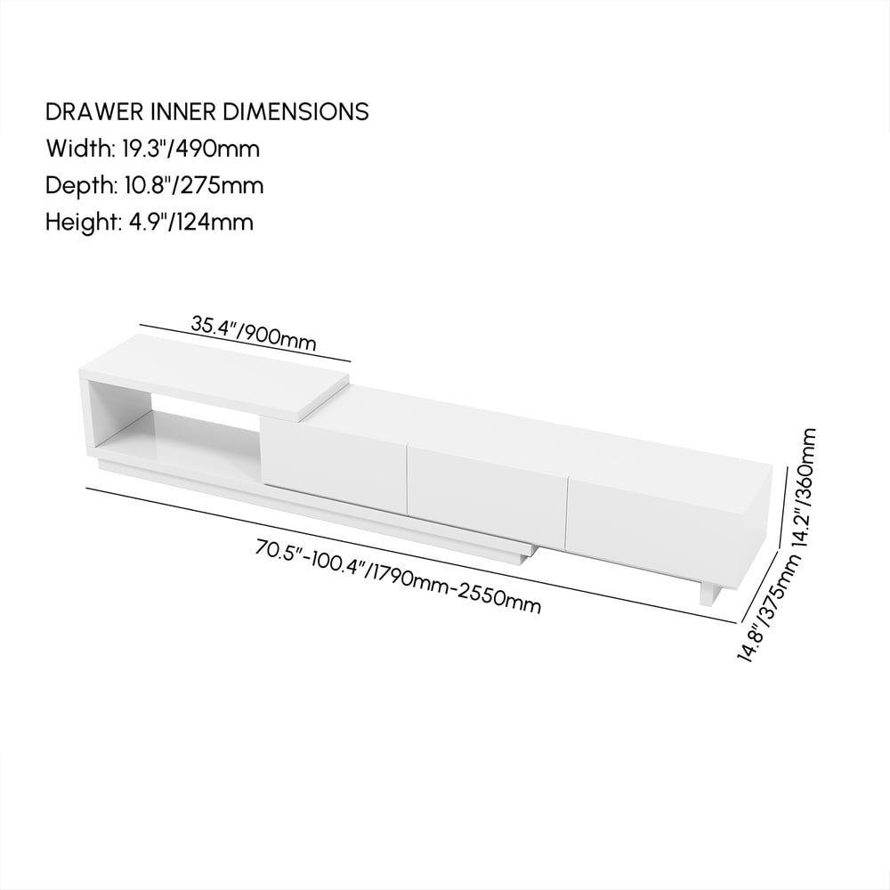 Quoint Extendable TV Stand with 3 Drawers(71"-100") weights dimensions image