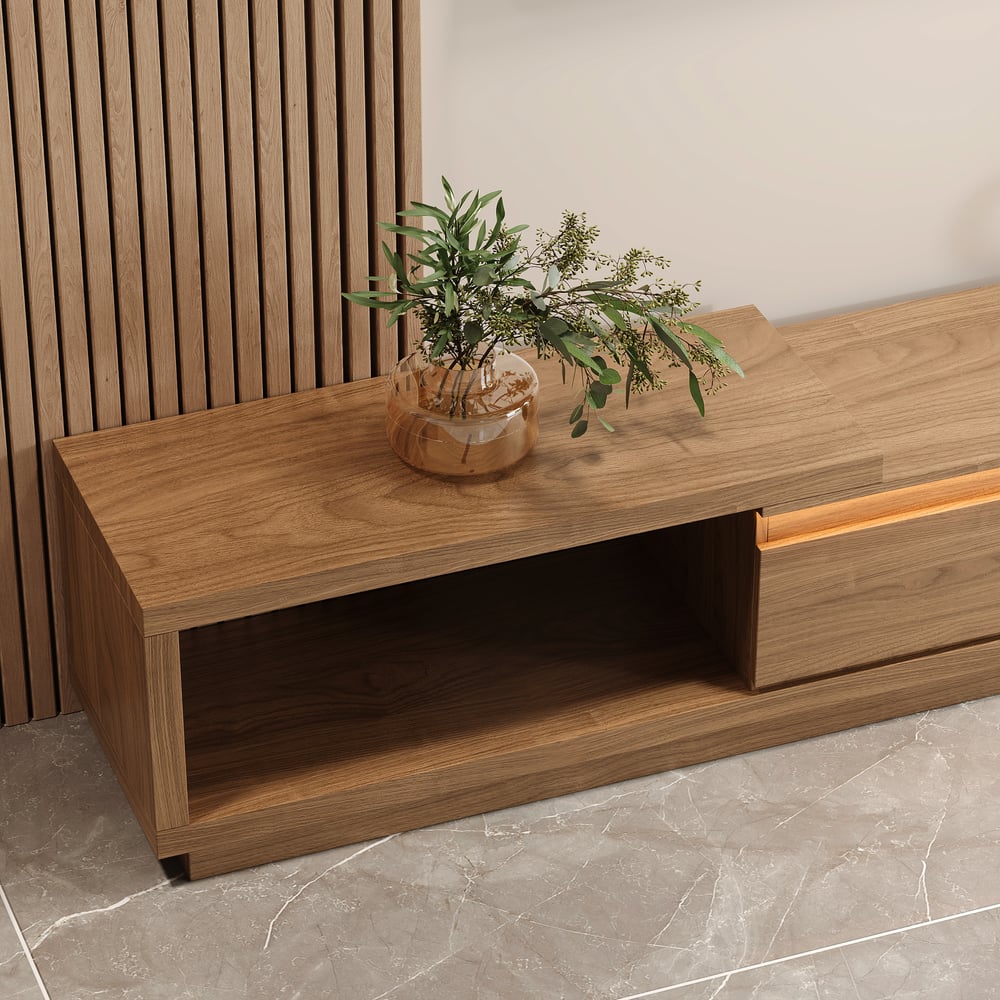 Quoint Extendable TV Stand with 3 Drawers and Light(71"-100") window image