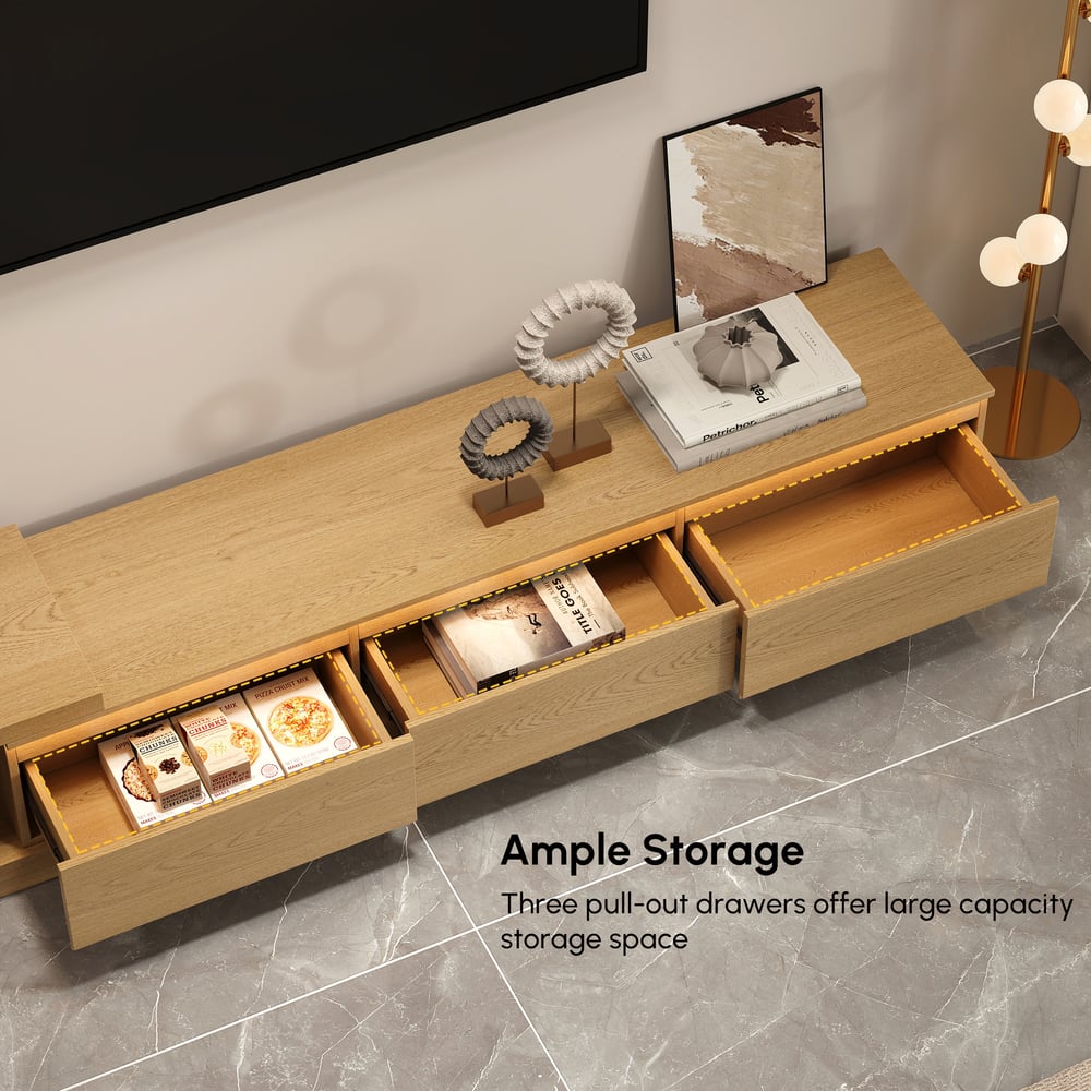 Quoint Extendable TV Stand with 3 Drawers and Light(71"-100") window image