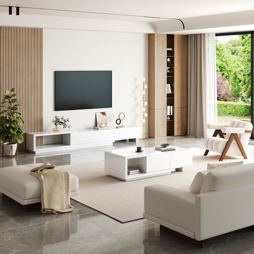 Quoint Extendable TV Stand with 3 Drawers(71"-100") window image