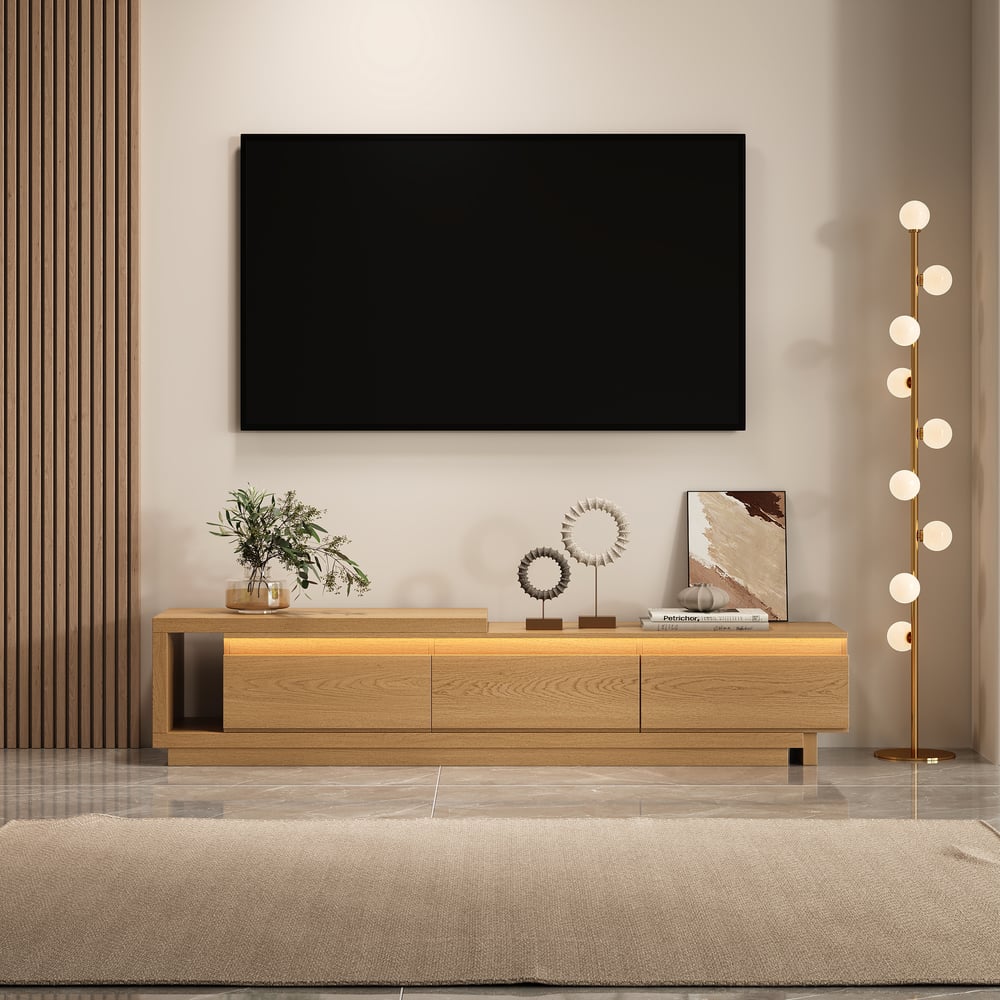 Quoint Extendable TV Stand with 3 Drawers and Light(71"-100") window image