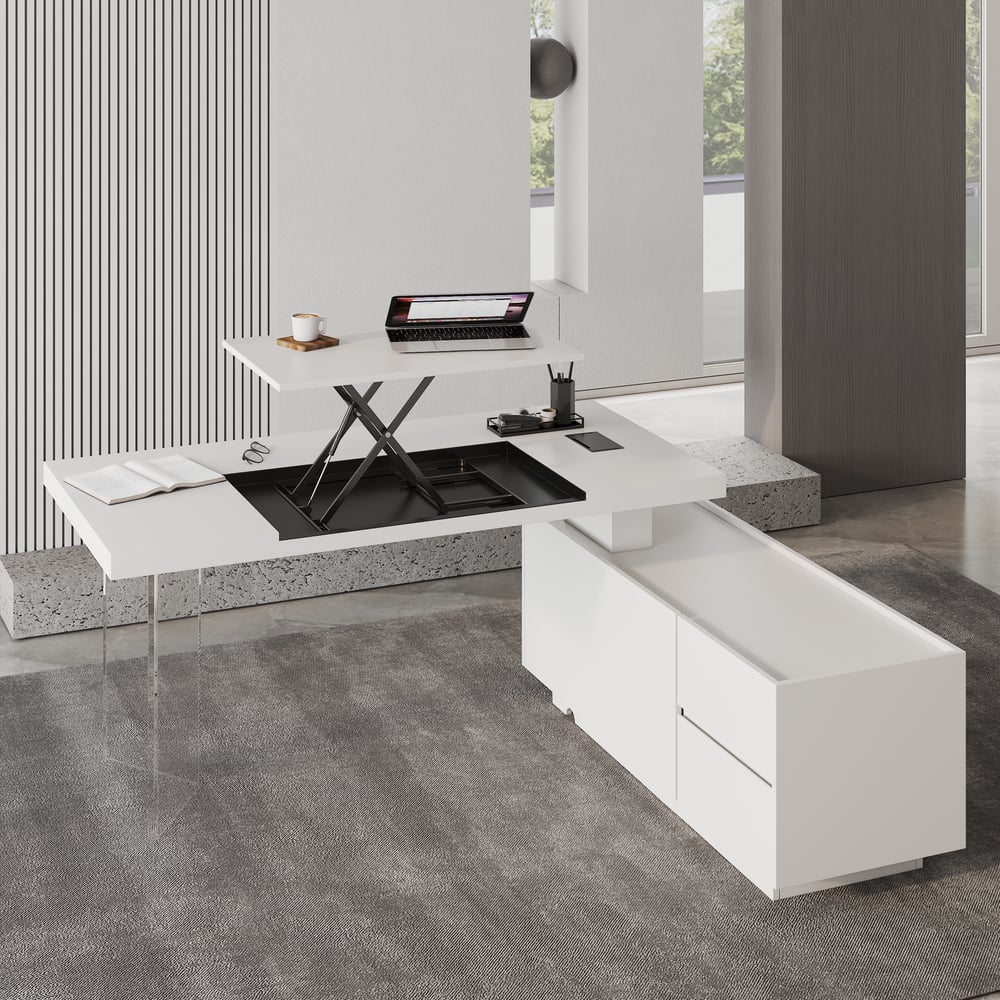 1815mm Modern White Standing L-Shape Executive Desk with lifter Desktop Right Hand window image