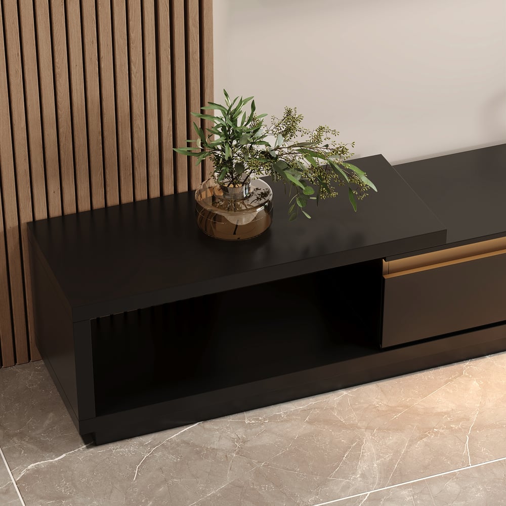 Quoint Extendable TV Stand with 3 Drawers and Light(71"-100") window image