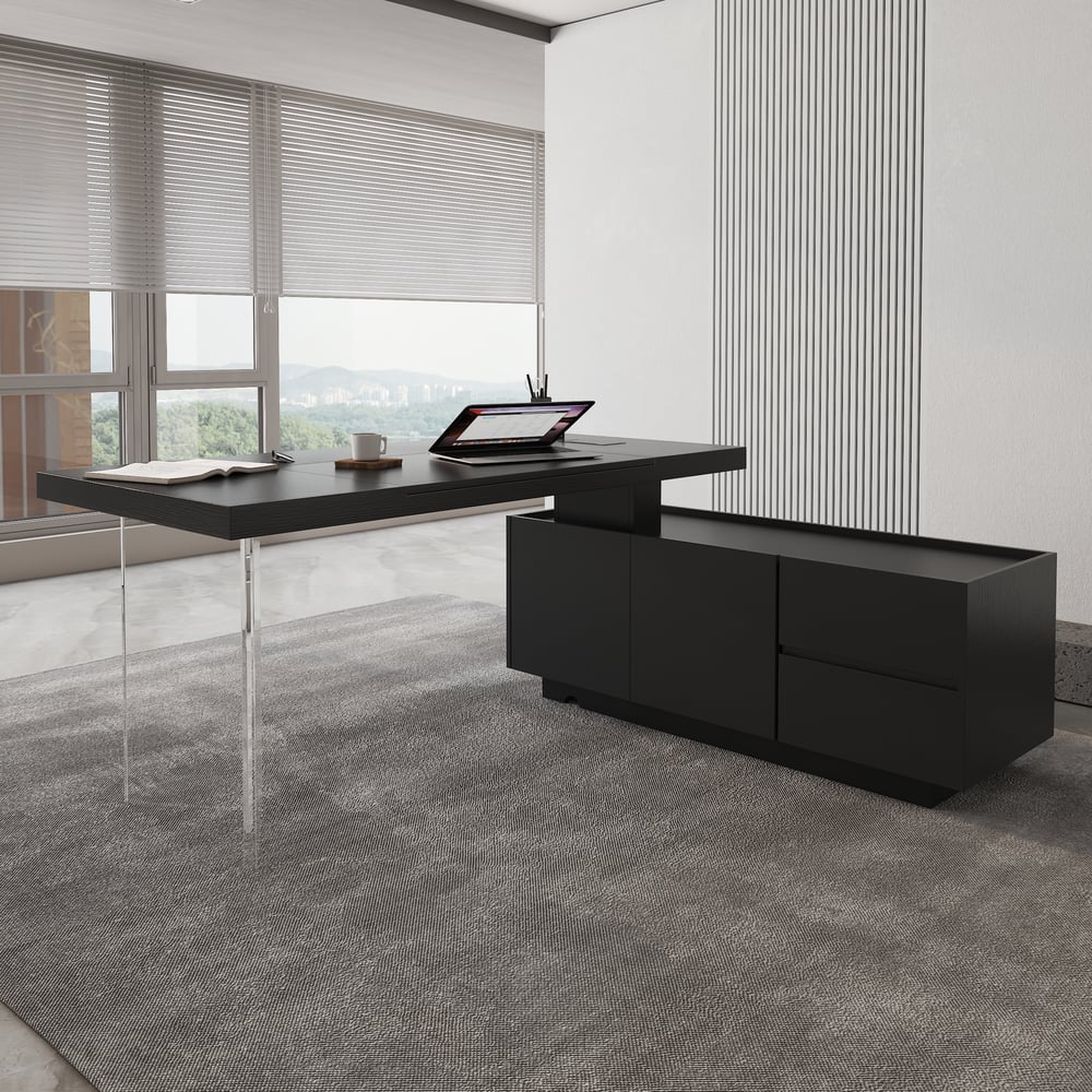 1815mm Modern Black Standing L-Shape Executive Desk with lifter Desktop Right Hand window image