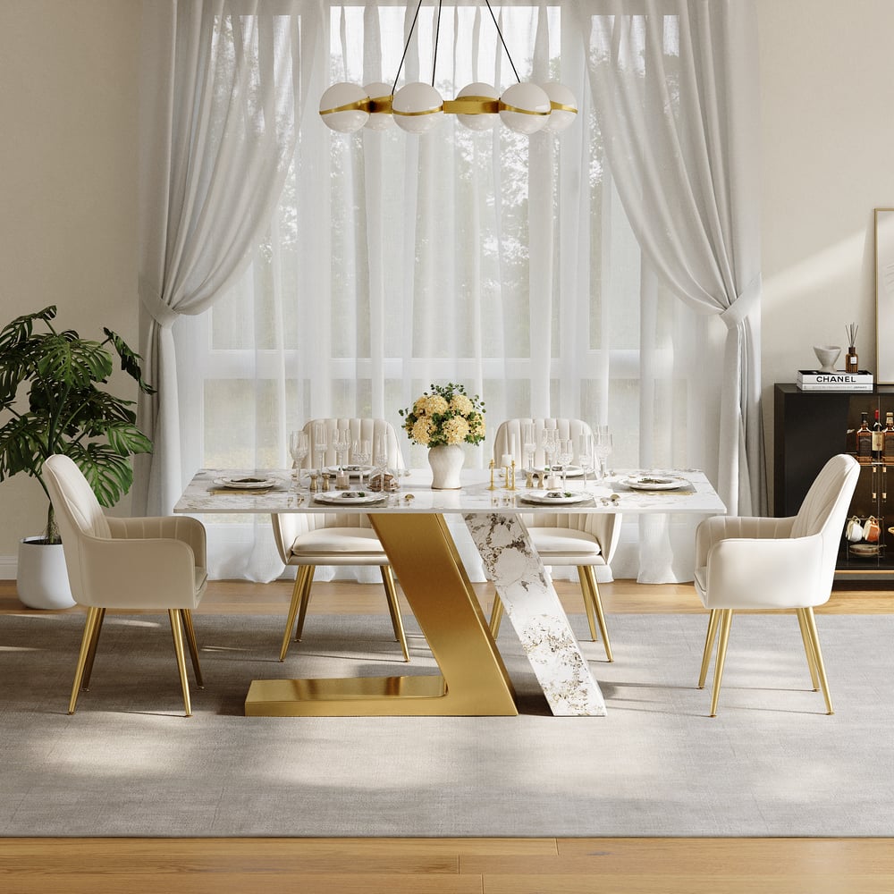 Dining Set 71" Modern Rectangle Sintered Stone Dining Table Gold with 6 Chairs window image