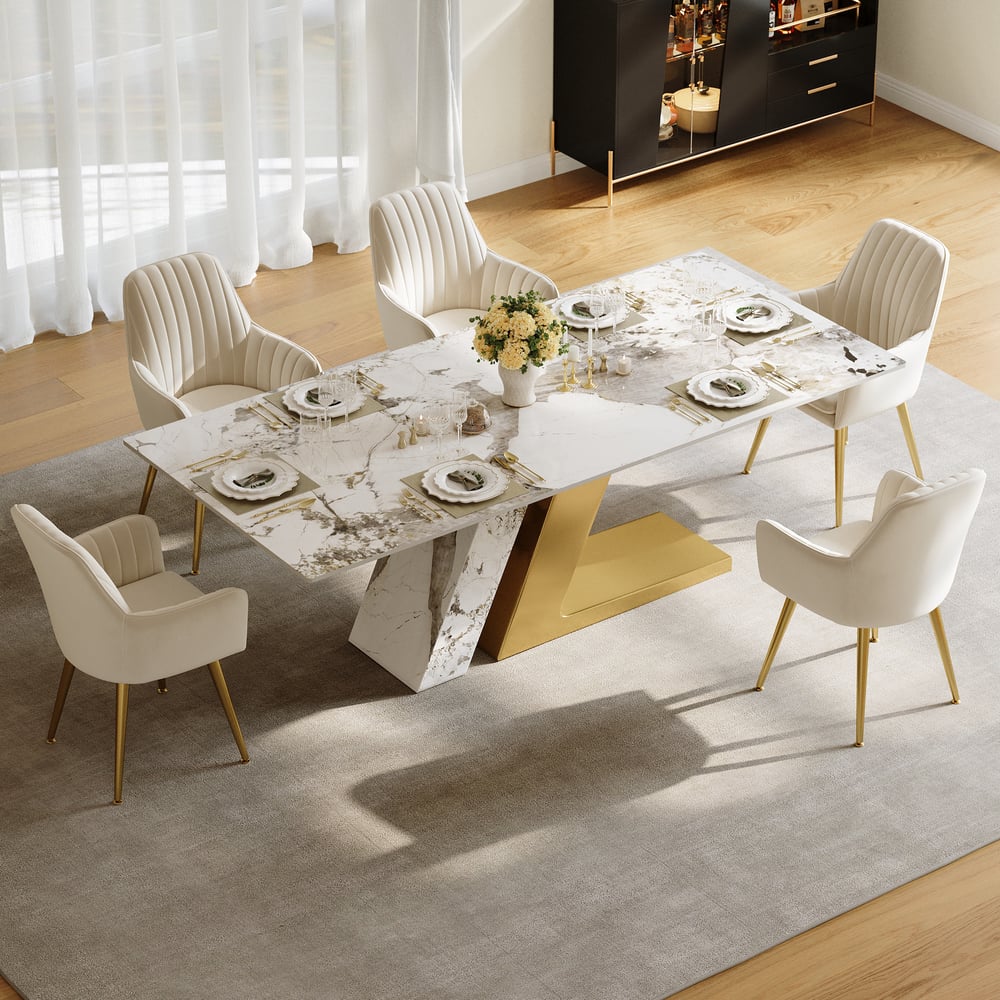 Dining Set 79" Modern Rectangle Sintered Stone Dining Table Gold with 6 Chairs window image