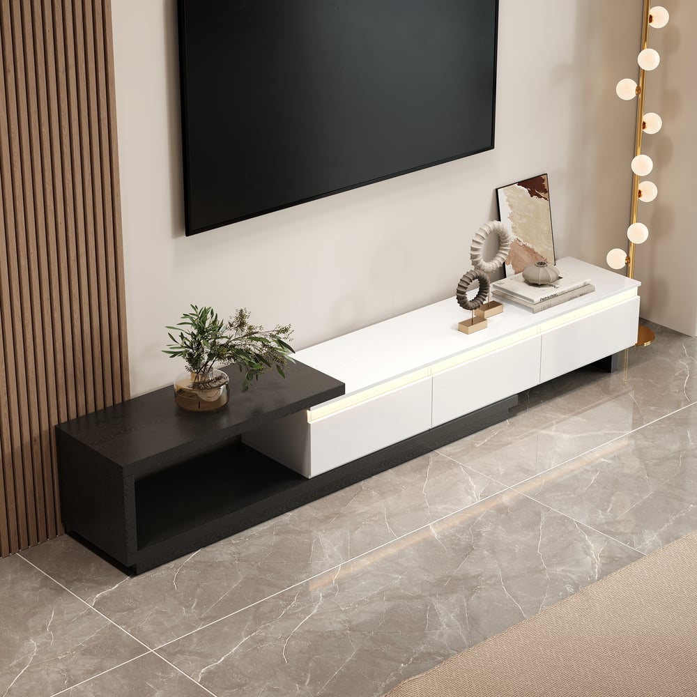 Quoint Extendable TV Stand with 3 Drawers and Light(71"-100") window image