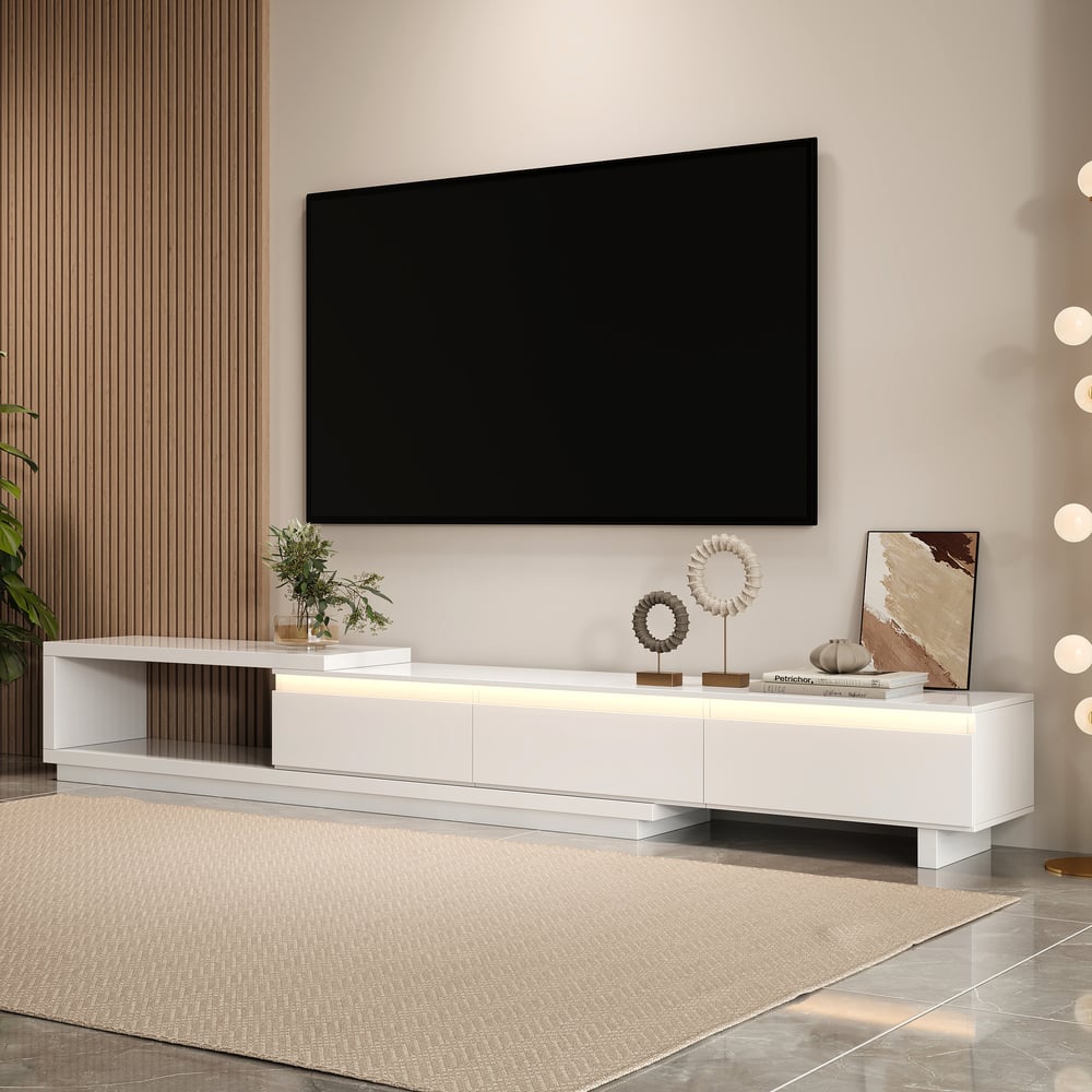 Quoint Extendable TV Stand with 3 Drawers and Light(71"-100") window image