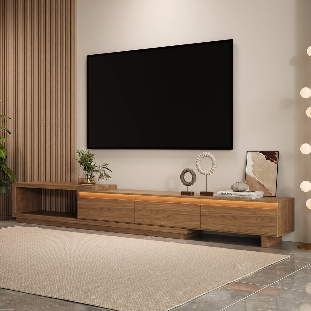 Quoint Extendable TV Stand with 3 Drawers and Light(71"-100") window image